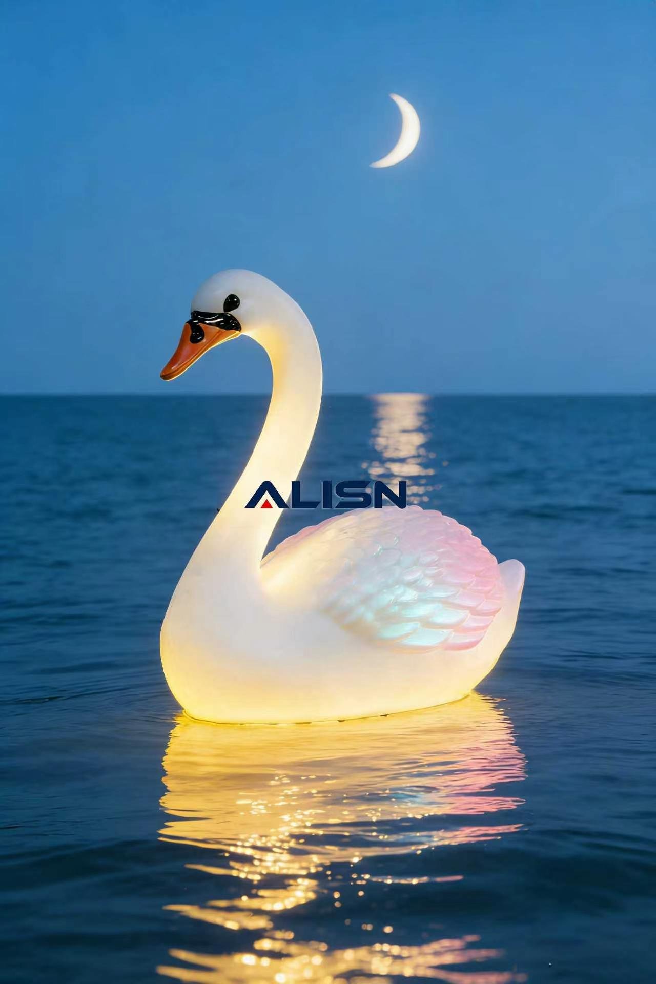 Smart swan light sculpture on water